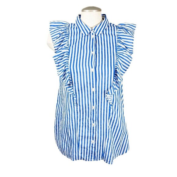 Noisy May Blouse Womens L Blue White Stripe Ruffle Coastal Romantic Sleeveless - Picture 2 of 7